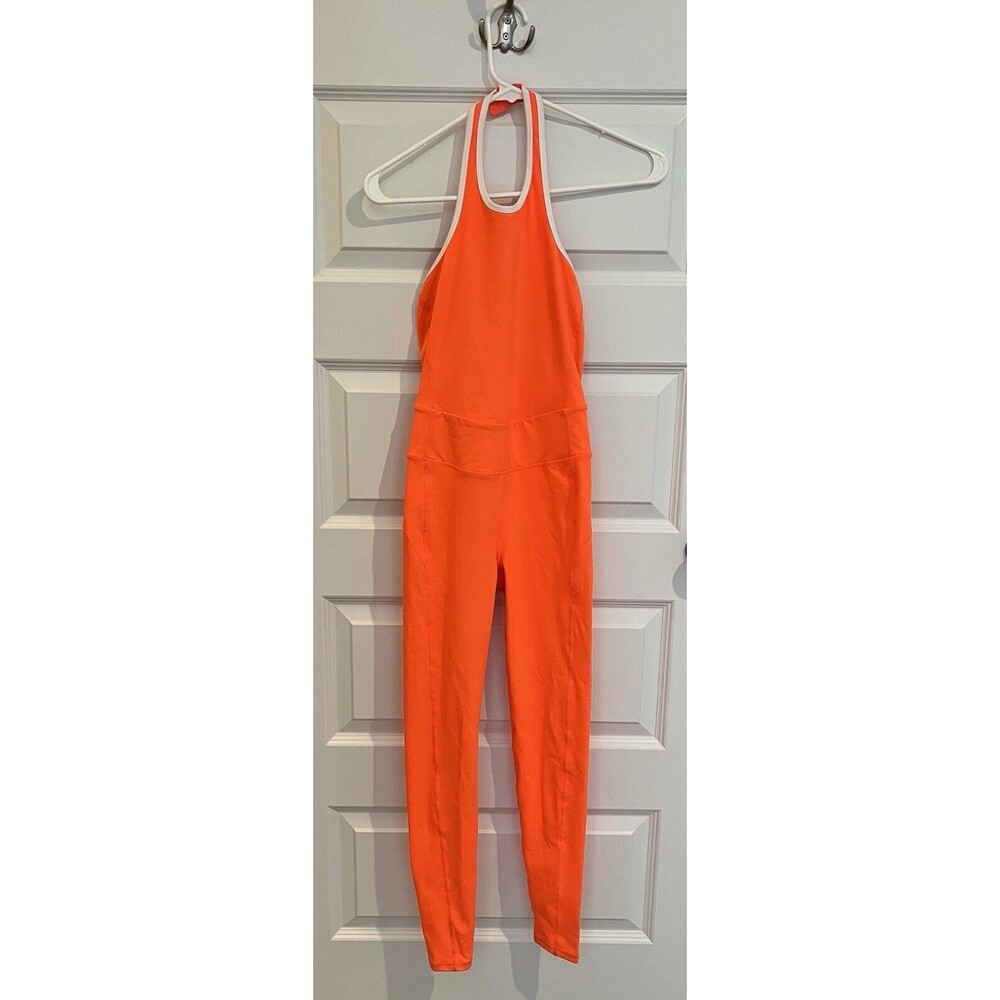 Free People movement End Zone neon orange halter jumpsuit bodysuit  XS